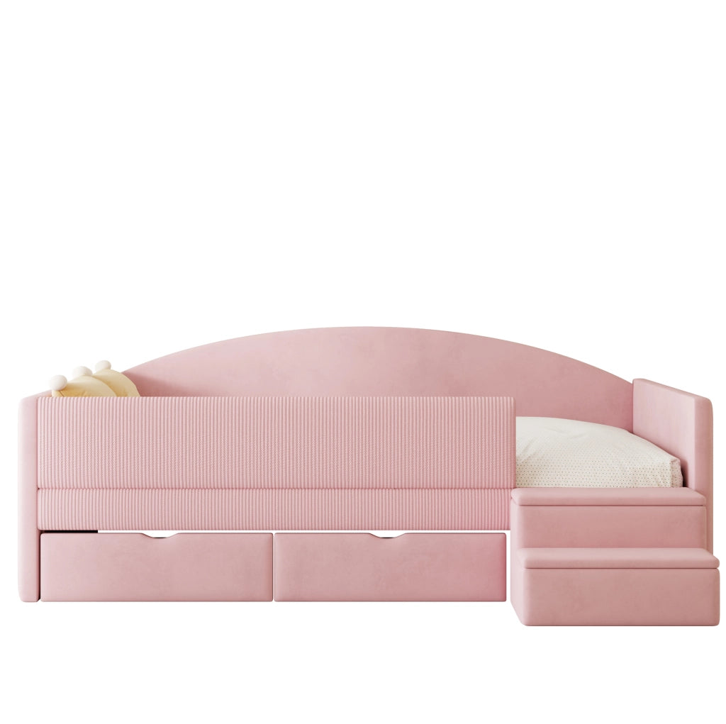 Letto imbottito 90 x 190 cm in velluto rosa con 2 cassetti; sponde e gradini