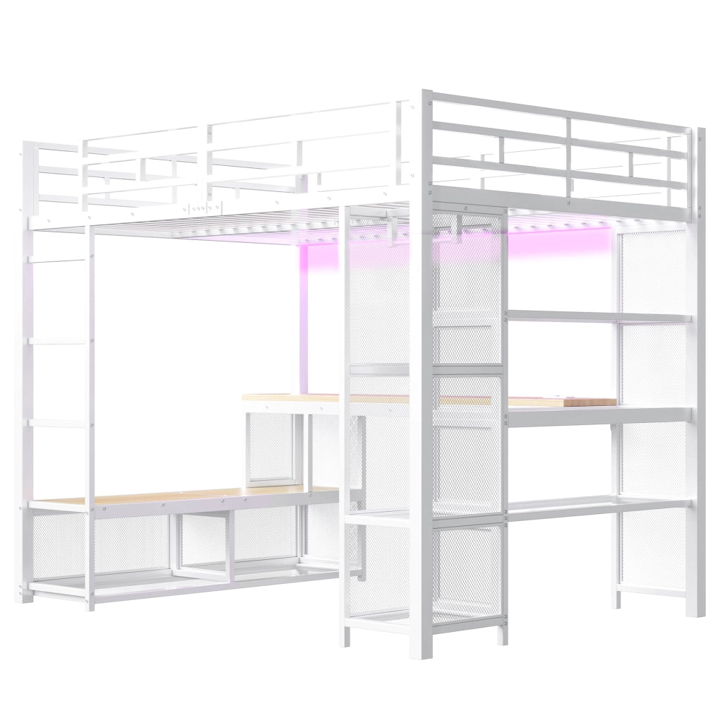 Letto a Soppalco 140x200 cm; Letto Singolo - Scrivania; Ripiani; LED - in Metallo; Bianco