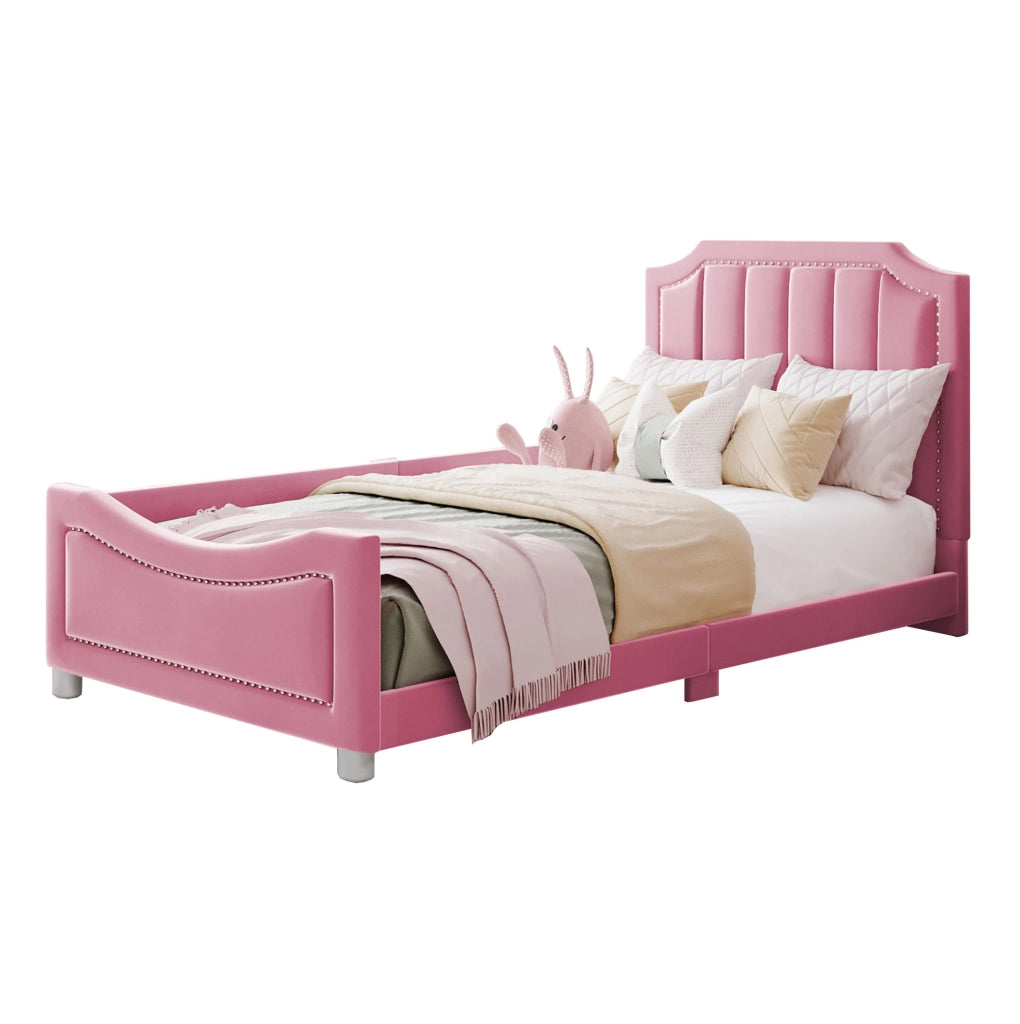 Letto imbottito per bambini 90 x 200 cm in flanella rosa con rete a doghe