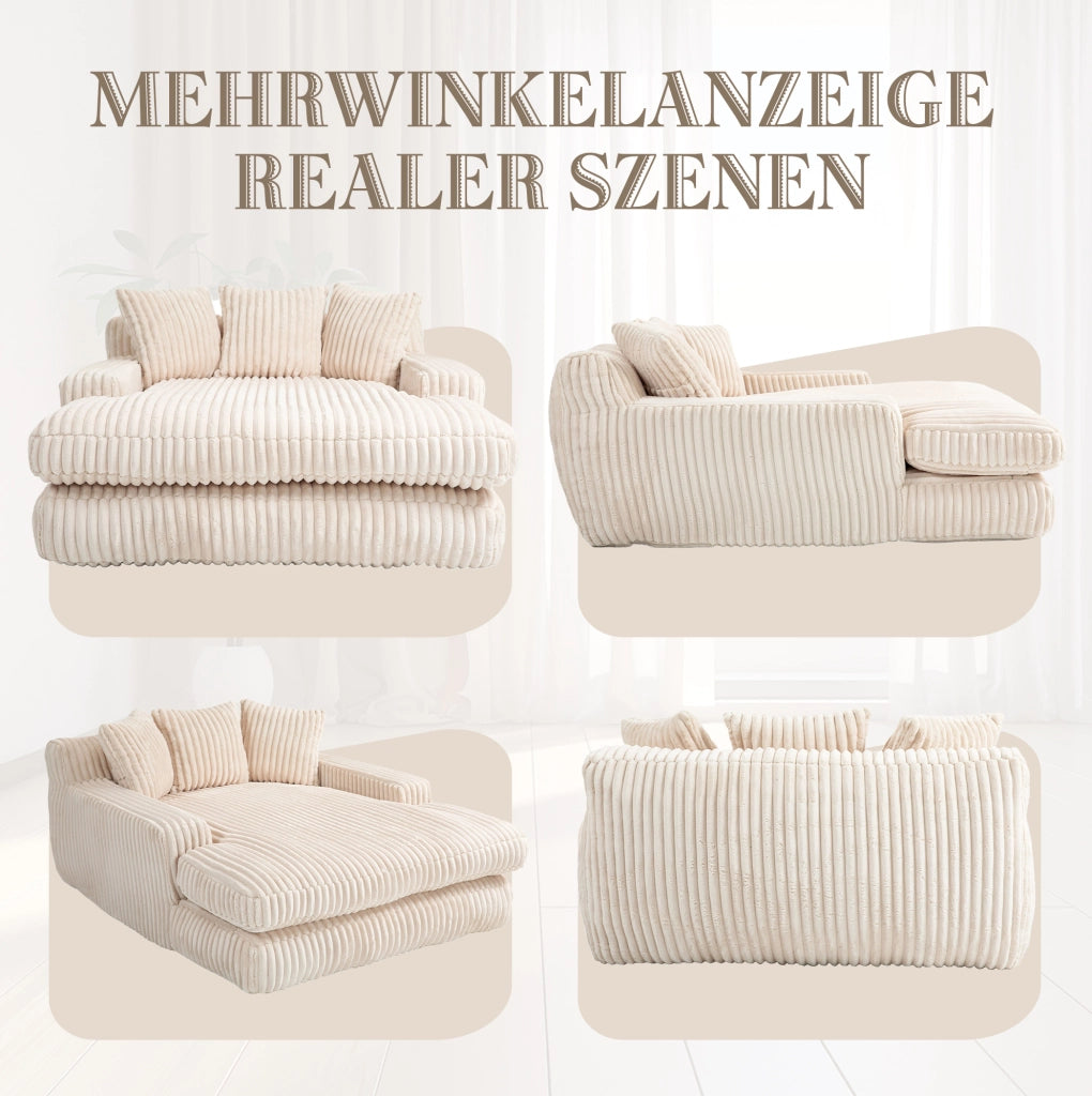Poltrona chaise longue beige in velluto a coste con 3 cuscini; 125 x 155 x 63 cm