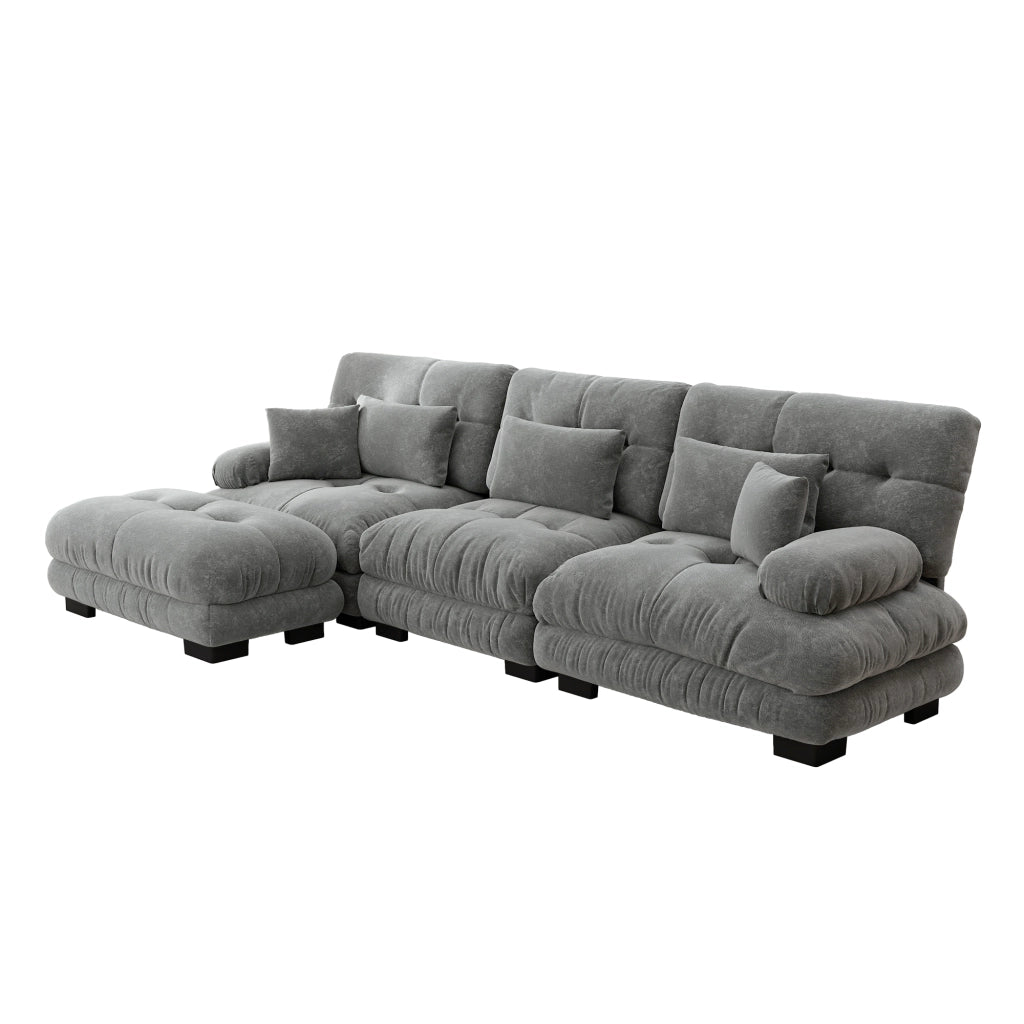 Divano Angolare Modulare con Ottoman ¨C MINIMAL ¨C Tessuto Grigio, Chaise Longue, Velluto