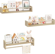 Librerie per Bambini da Parete in Legno Massello, 60 cm Set di 3 Porta Libri per Cameretta, Scaffale Libri per Bambini, Librerie da Parete Piccole con Perline