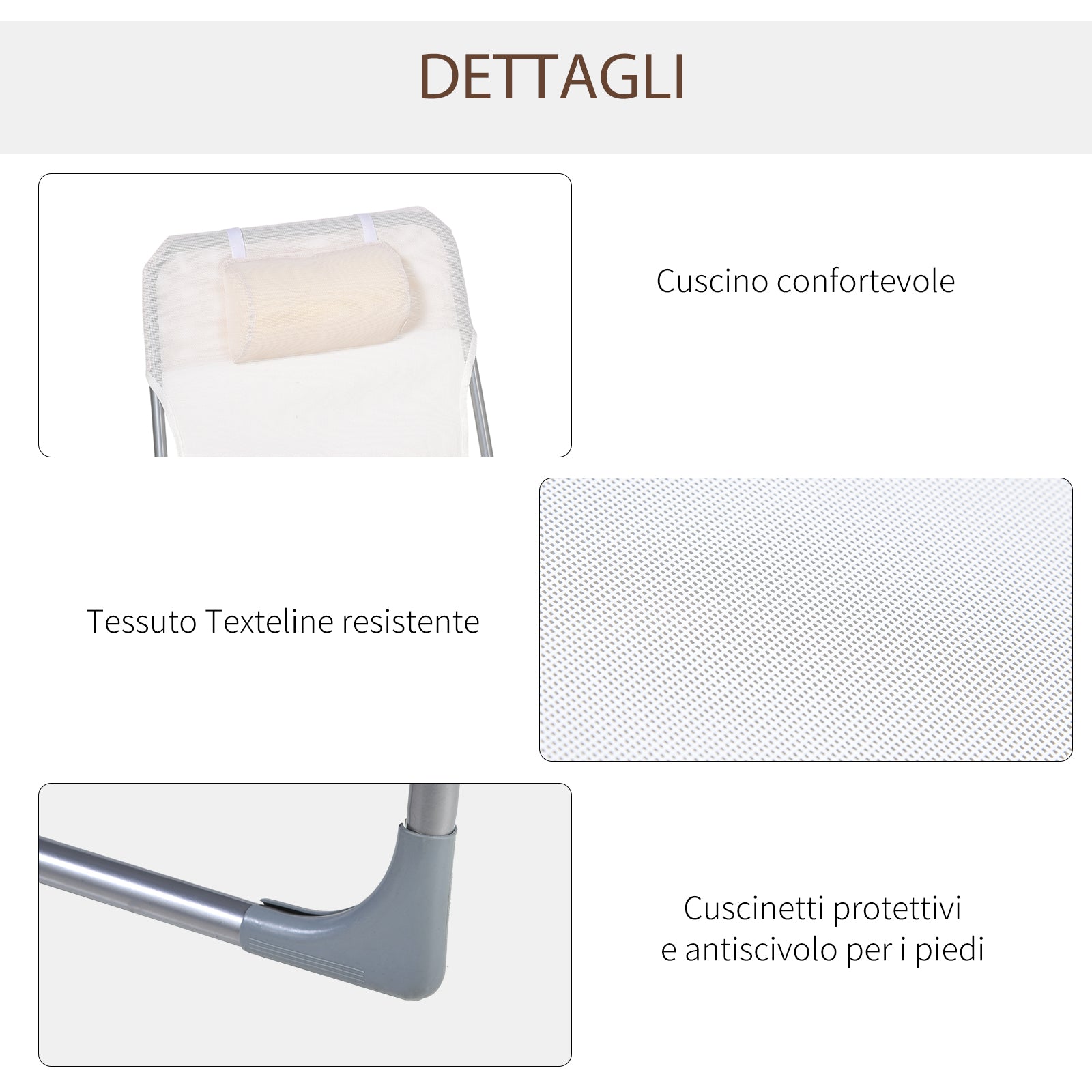 Sdraio da Giardino 182x56x28 cm Pieghevole con Schienale Reclinabile e Cuscino in Metallo e Texteline Crema