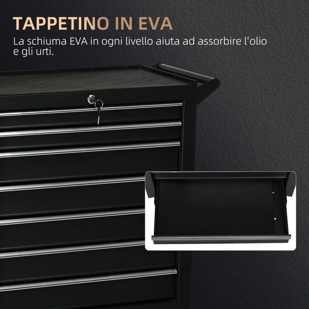 Carrello da Officina con 7 Cassetti, Serratura con Chiavi, Ruote e Maniglia, 69x33x75cm, Nero