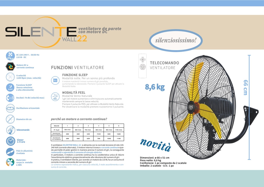 CFG ventilatore da parete muro Silente Wall 26 cotere dc da 110W diametro 60cm timer telecomando testa reclinabile silenzioso oscillante funzione SLEEP