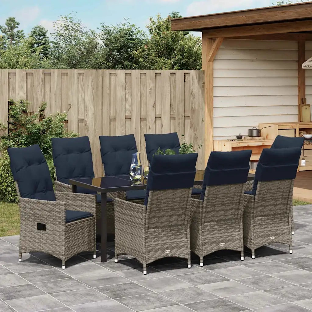 Set di tavolo e sedie con cuscino 9 pcs Grigio Rattan in PE 3379596