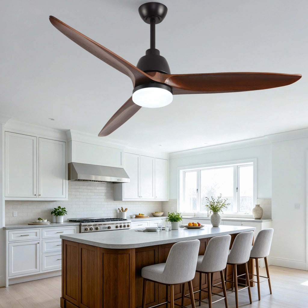 Ventilatore a soffitto 52" con luce LED dimmerabile e telecomando, legno noce e nero