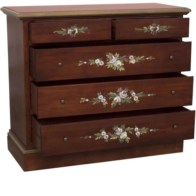 Cassettiera arte povera 5 cassetti legno noce scuro decori 117x51x101 - Mobili 2G