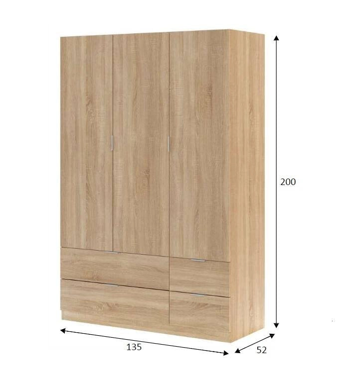 Guardaroba Ababala, Mobile camera da letto a 3 ante e 2 cassetti, Armadio appendiabiti, 135x52h200 cm, Rovere
