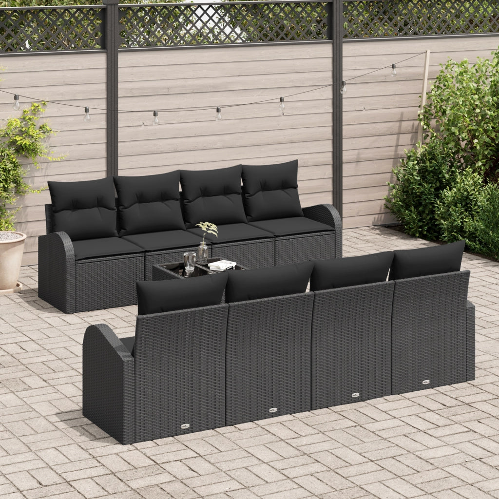 Set divano giardino 9 pezzi con cuscini neri polyrattan