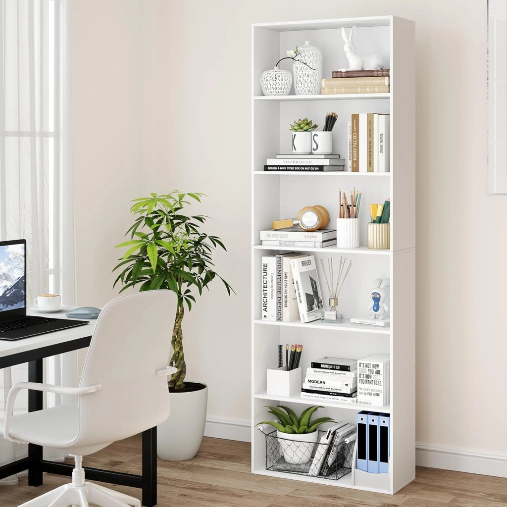 Libreria a 6 Livelli, Mobile Contenitore Aperto con 2 Kit Anti-Ribaltamento, Piedini Antiscivolo, Scaffale Moderno per Soggiorno, Camera da Letto e Ufficio, 660 x 23,5 x 178 cm (Bianco)