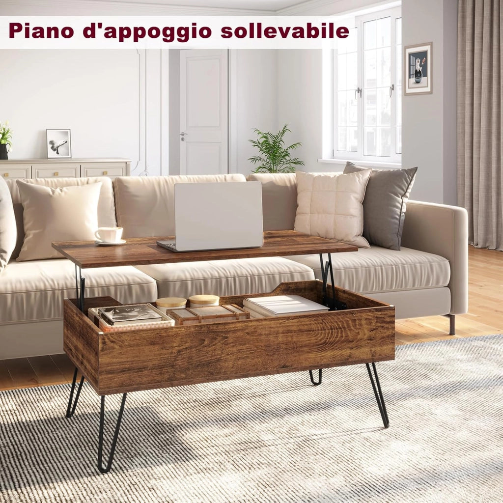 WOLTU Tavolino da Salotto, Tavolino da Caffè Sollevabile, Tavolino da Divano con Scomparto Nascosto, Stile Industriale, 95x50x(40-55,5) cm, Legno Marrone Vintage + Metallo Nero, BTS18hov