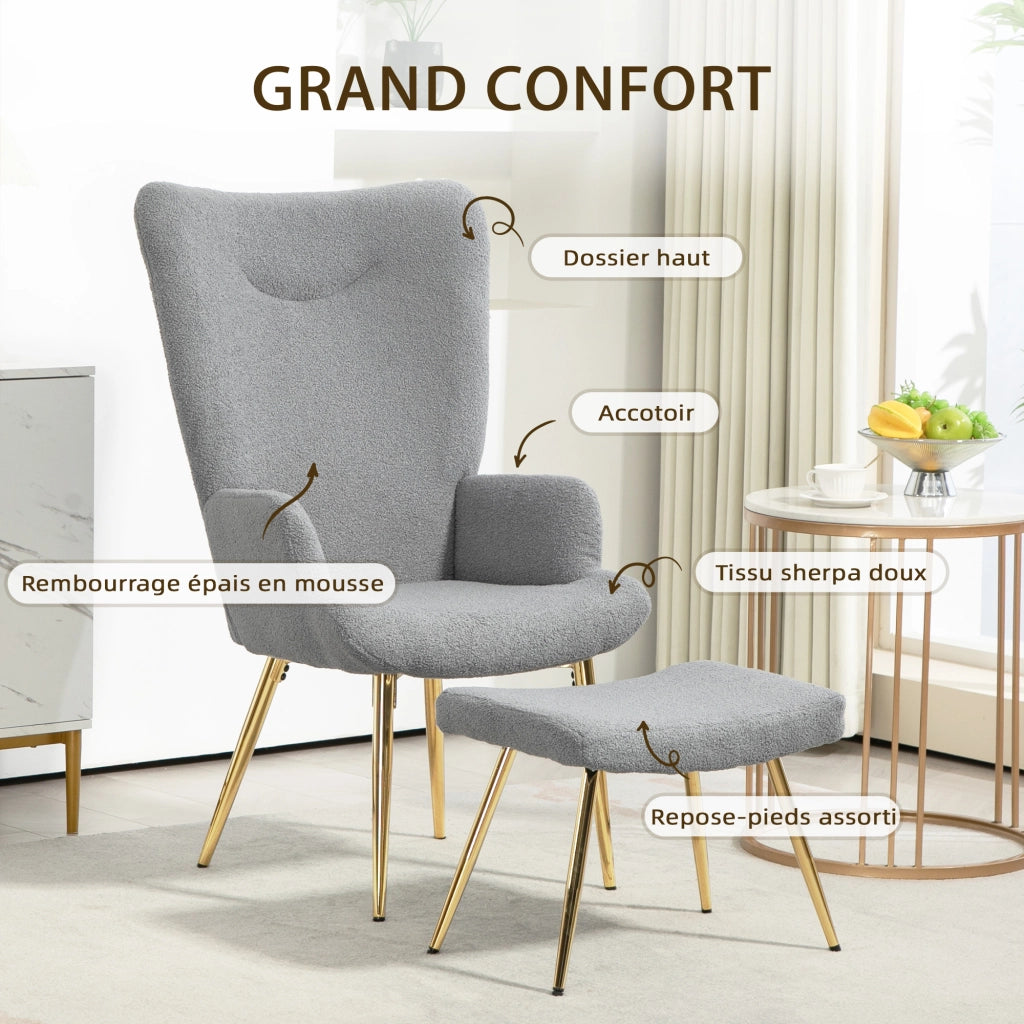 Poltrona con Poggiapiedi ¨C Zephmum ¨C Grigio Boucl¨¦ Tessuto Dondolo
