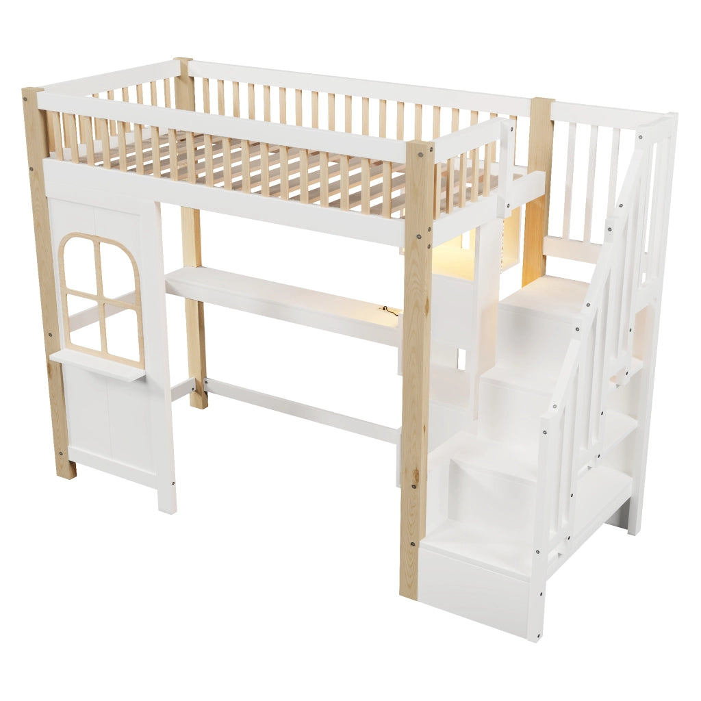 LETTO a soppalco 90x200 cm con scrivania, scala contenitore, bianco/naturale