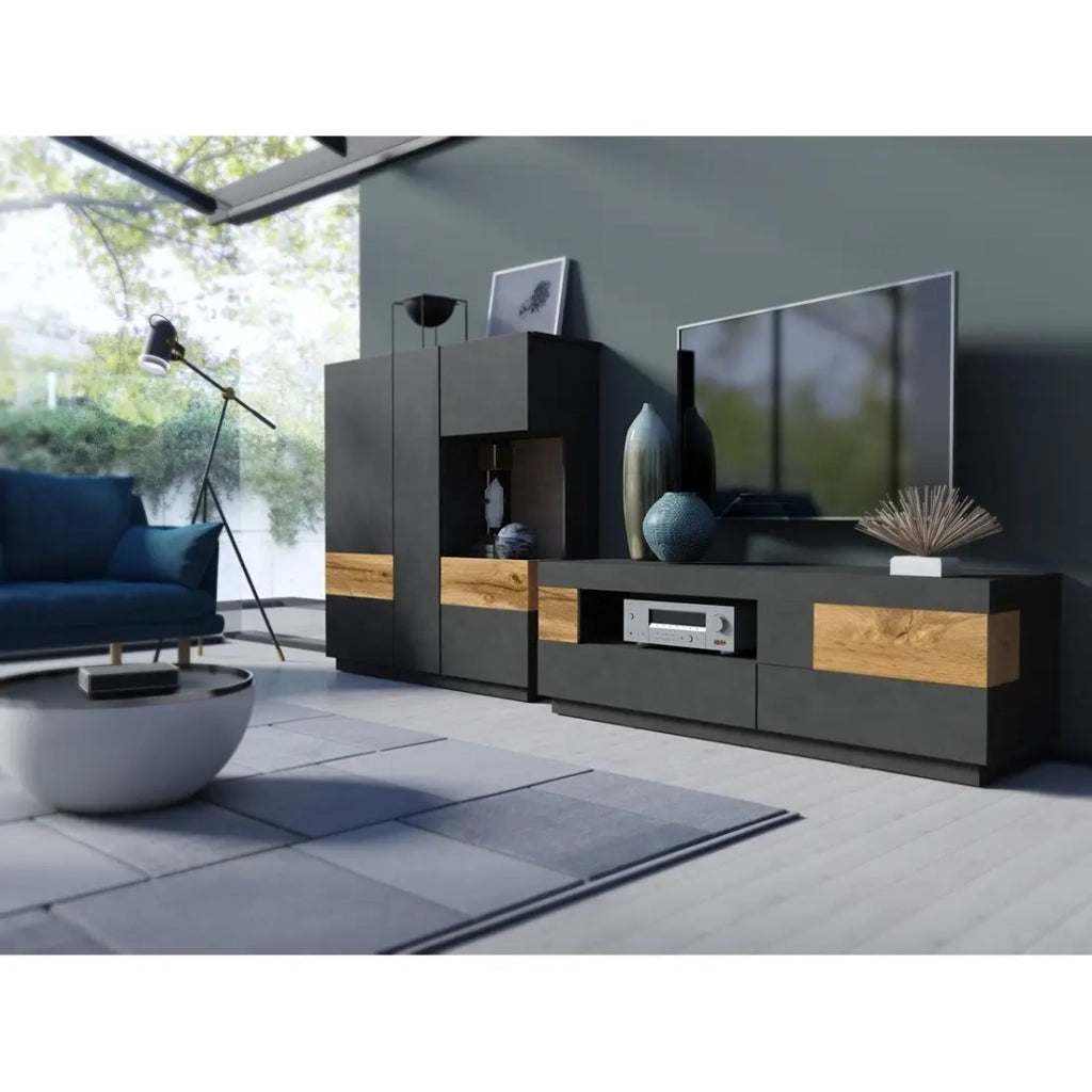 Mobile TV 160cm collezione KILES. Colore grigio antracite e quercia. Stile design.