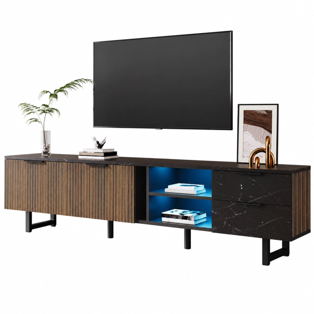 Mobile TV 200x38x50 cm; 2 ante e 2 cassetti con LED multicolore; MDF nero e legno