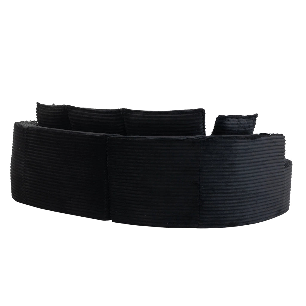 Divano curvo con portabicchieri e tasche laterali, cuscino, in velluto a coste nero 250 × 152 × 82 cm