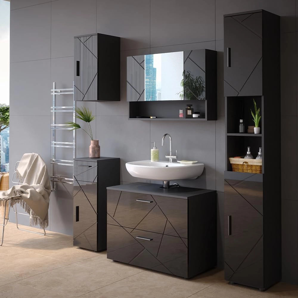 Set mobili bagno Irma, Antracite lucido, 80 cm, composto da mobile sottolavabo, specchiera, colonna, base media e pensile