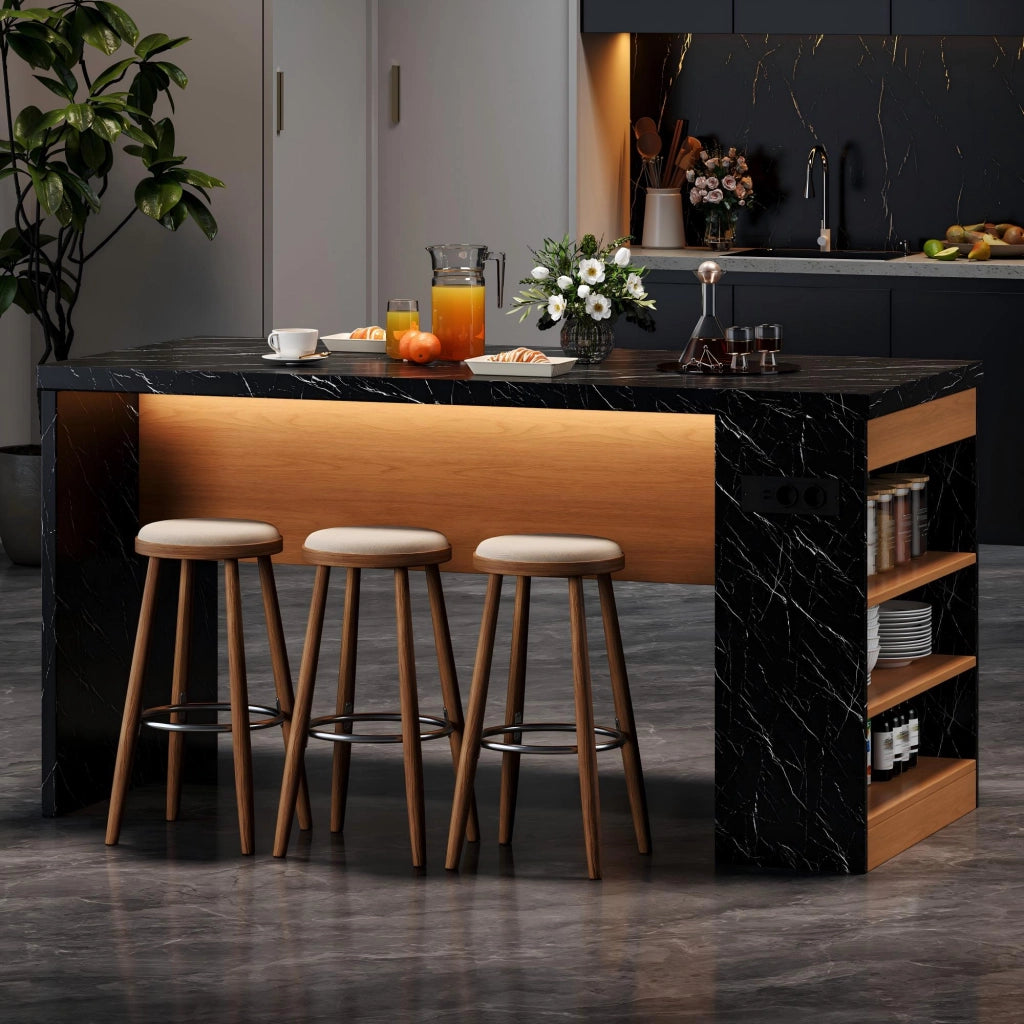 Isola da Cucina con 3 vani aperti; LED; prese USB e AC - per cucina - 155×80×90 cm - MDF - nero e naturale