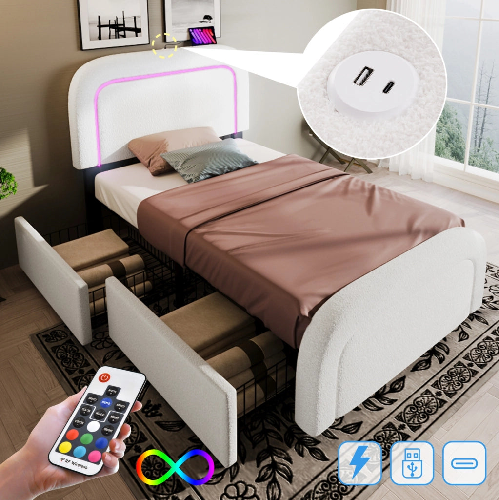 Letto singolo imbottito ULEVR 90x200 cm con 2 cassetti, LED, USB e Type-C, testiera regolabile, bianco