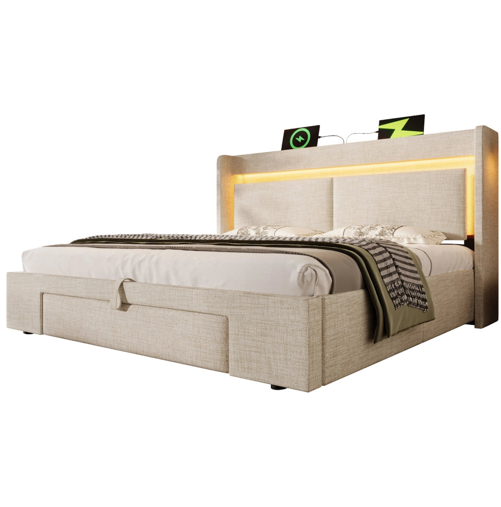 Letto matrimoniale 160x200 cm con contenitore idraulico; LED; USB e USB-C; lino beige