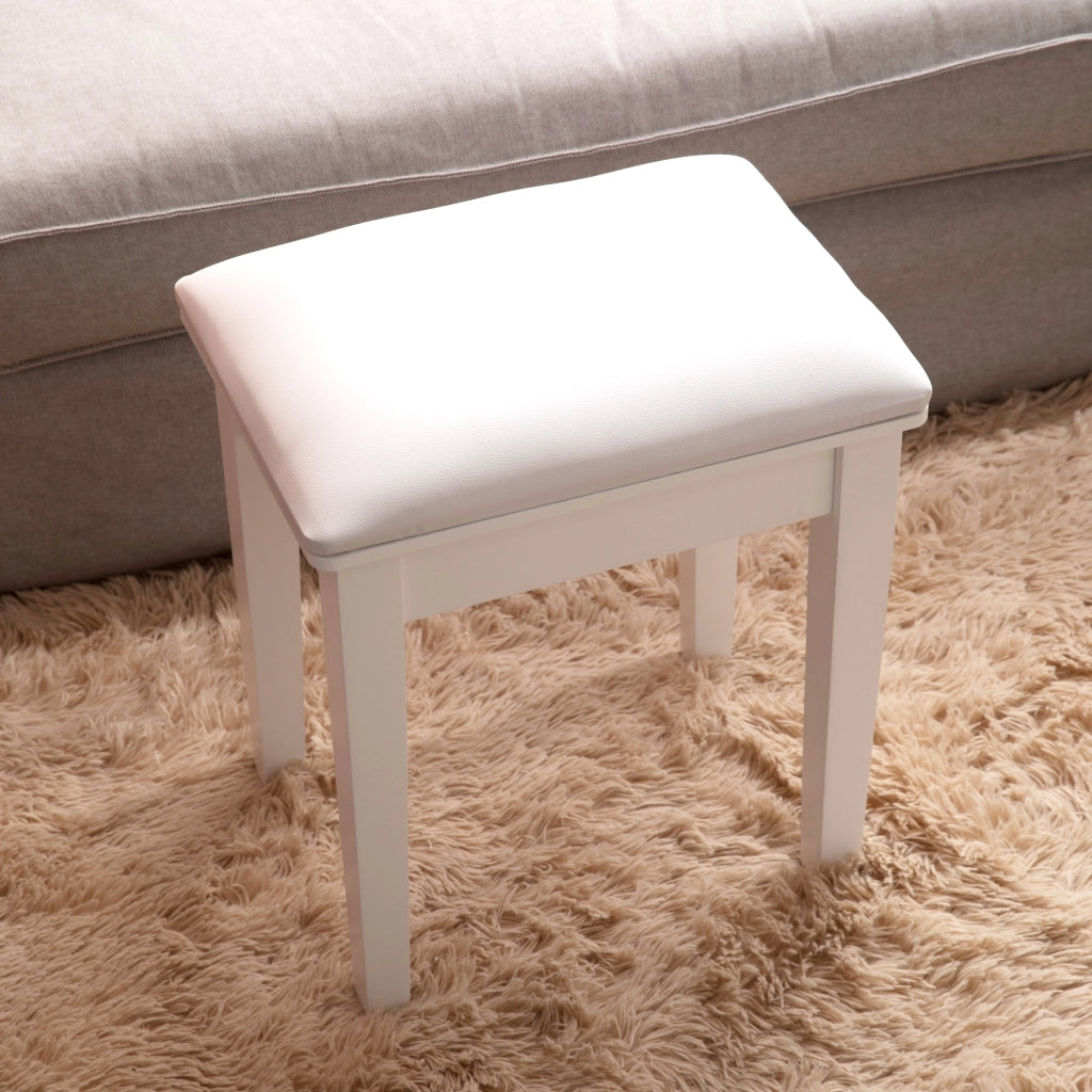 Sgabello da trucco imbottito con gambe in legno, in PU bianco