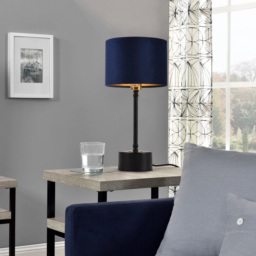 Lampada Deventer da Tavolo Comodino con Paralume Cilindrico in Flanella - Nero/Blu lux.pro