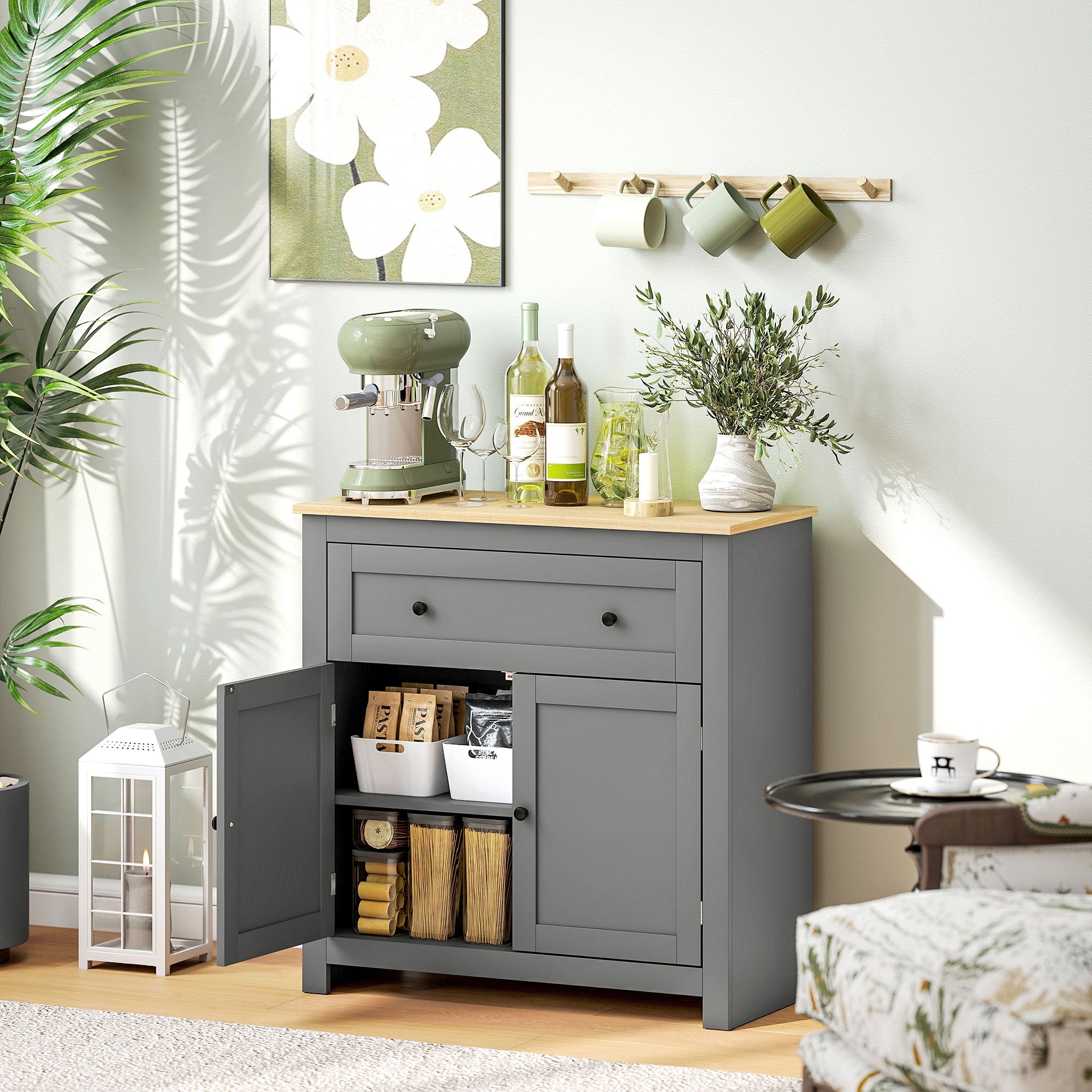Credenza Cucina Bassa 78.5x35x80 cm con Cassetto e Armadietto in Legno Grigio