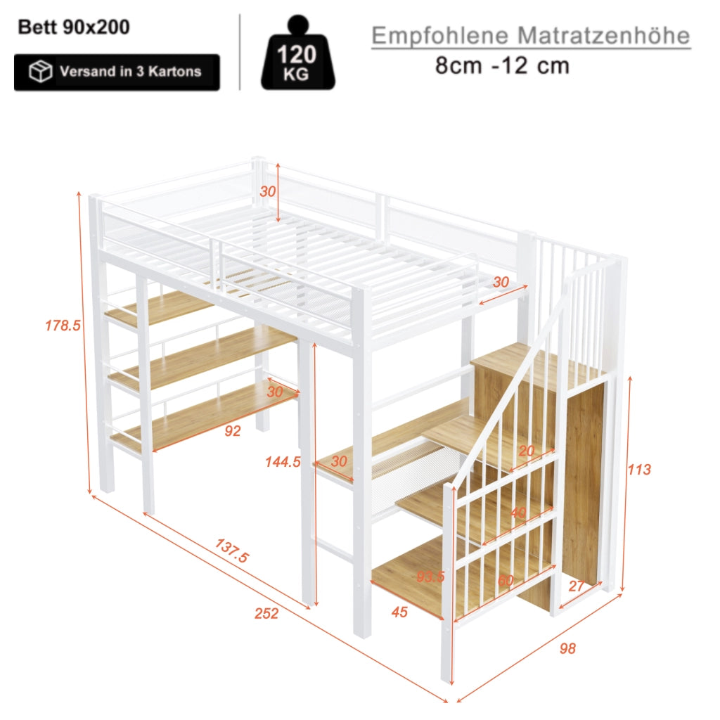 OKWISH Letto A Soppalco 90×200 cm, Letto Singolo con LED, Presa, Scrivania, Mensole e Armadio, senza Materasso, in Metallo, Bianco
