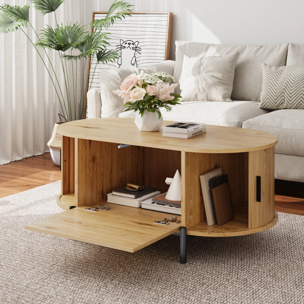 TAVOLINO DA SALOTTO Ovale 100x50x40 cm MDF Naturale con ante in rattan