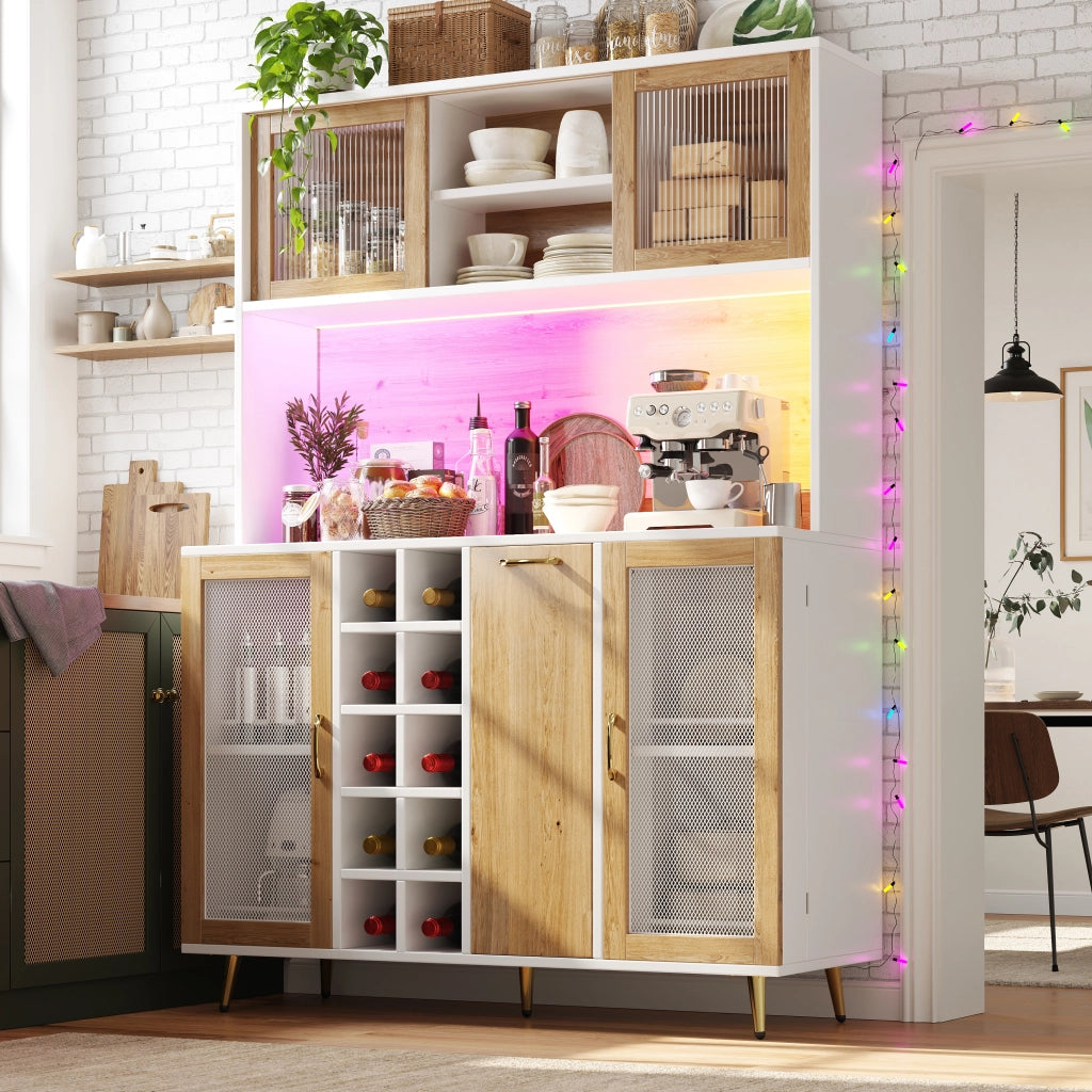 BUFFET 120x40x180 cm in MDF Bianco effetto legno con LED e presa integrata