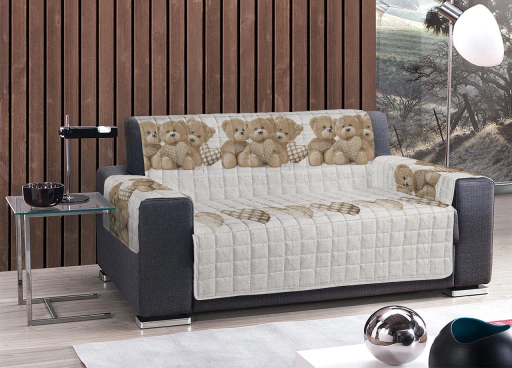 Copridivano-Copripoltrona Trapuntato Imbottito Disegno New Orsetti - 3 Posti - Beige