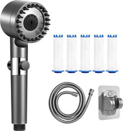 Douchekop idroeconomizzante con 1,5 m tubo e supporto (senza perforazione necessaria), tecnologia di filtraggio a 5 viti, doccia a mano ad alta pressione con 3 tipi di getto, douchekop idroeconomizzante per acqua dura (5 filtri inclusi)