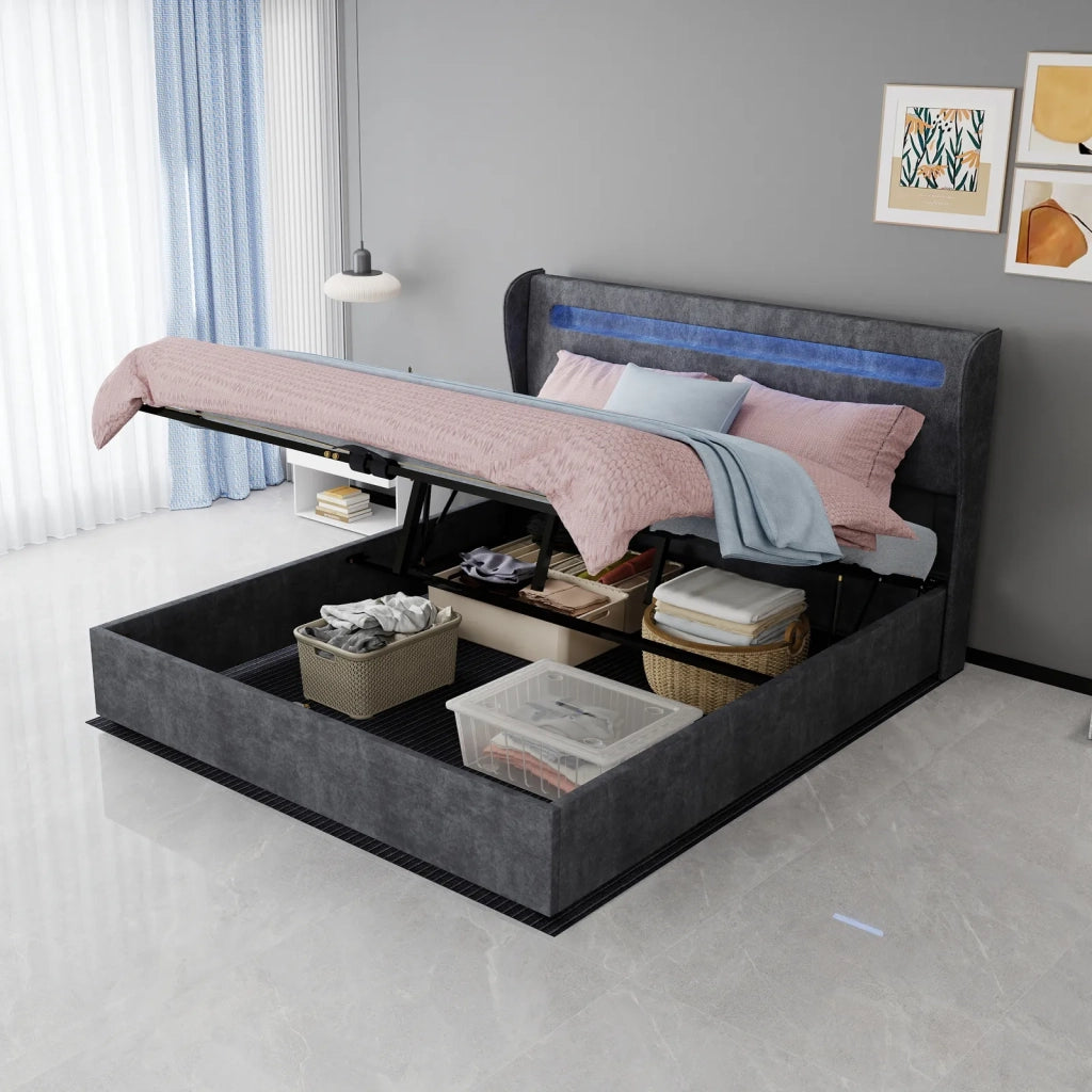 Letto imbottito moderno minimalista con testiera LED integrata, base rialzata multifunzione con sollevatore a gas, 160x200 cm, grigio. Materasso non incluso.