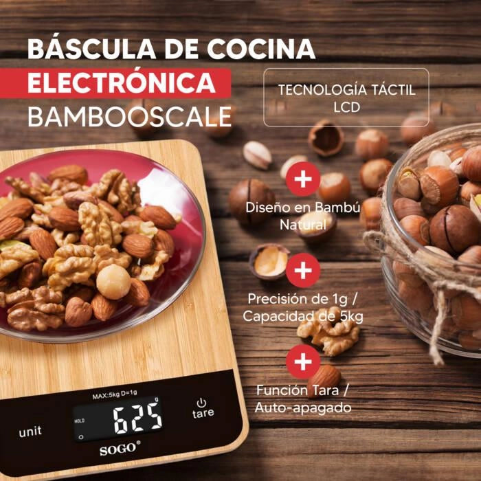 Bilancia da cucina digitale 5 kg con precisione 1 g, superficie in bambù e display touch LCD, funzione tara - Sogo