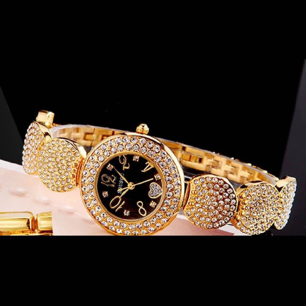 Trade Shop - Orologio Polso Sousou S6097 Donna Cuore Brillantini Movimento Quarzo Dorato Nero -
