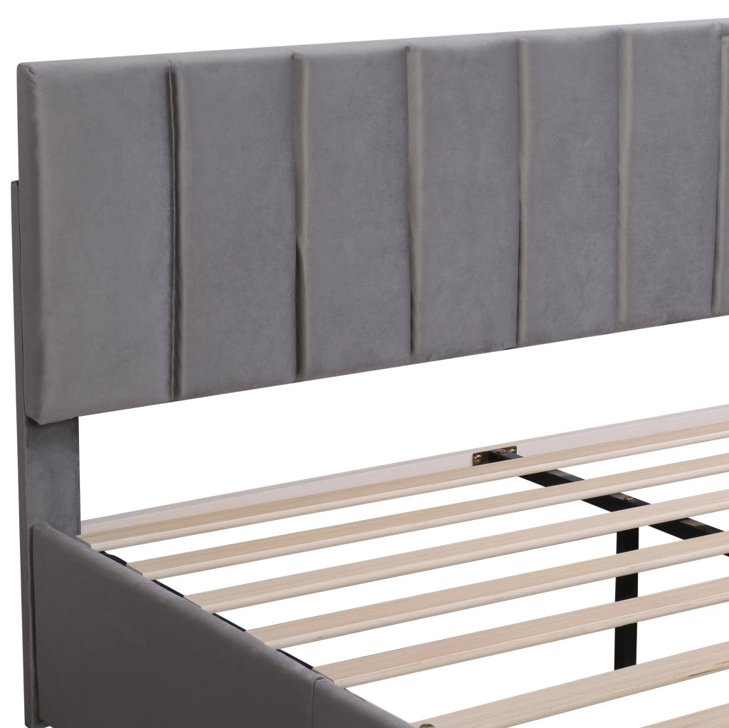 Letto imbottito 160x200 cm in velluto grigio con rete a doghe e 4 cassetti