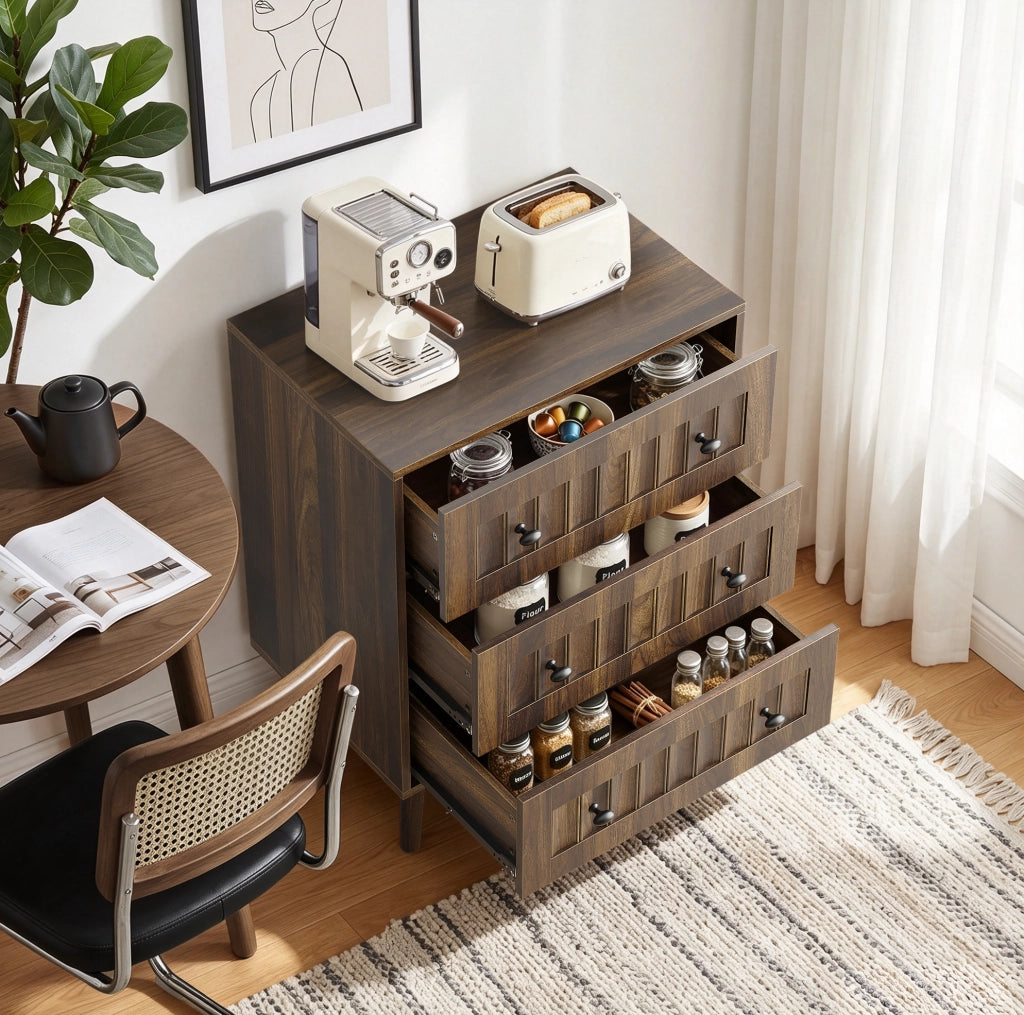 Cassettiera a 3 cassetti 60x40x79 cm in MDF effetto noce con maniglie nere