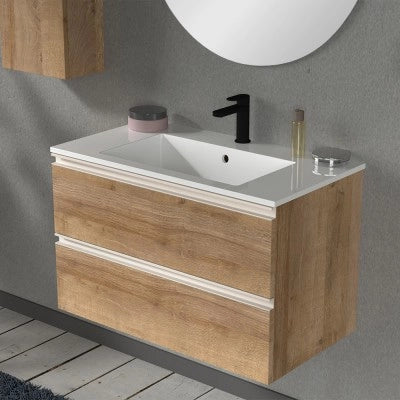 Mobile bagno sospeso 80 cm rovere miele con lavabo e specchio tondo Master