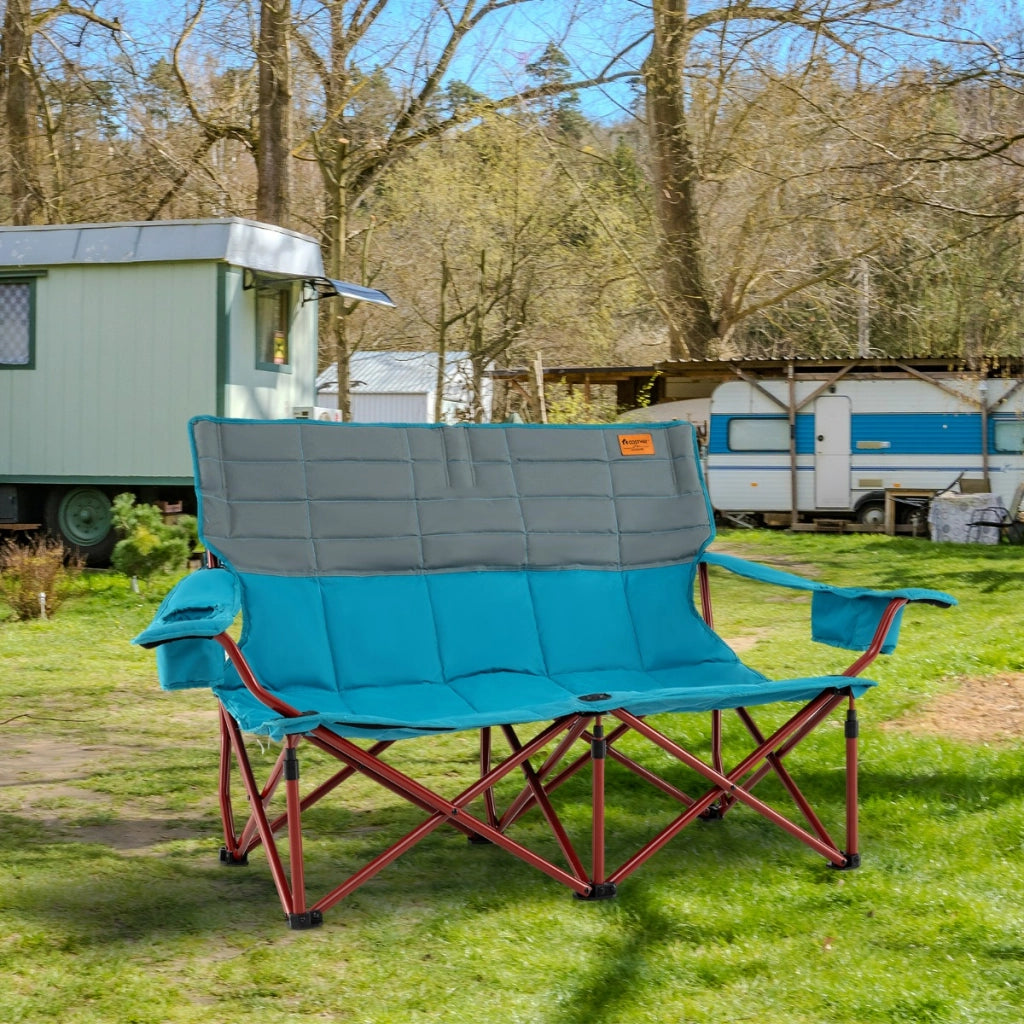 Sedia da campeggio per 2 persone con braccioli regolabili, Sedia da esterno portatile carico massimo 272 kg Blu-Tavoli e sedie da campeggio