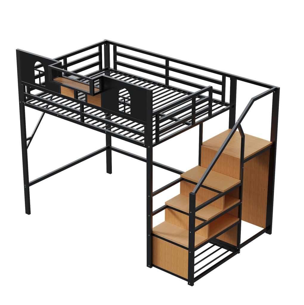 Letto a soppalco in metallo 140x200 cm con scala contenitore; ripiano laterale e colore nero