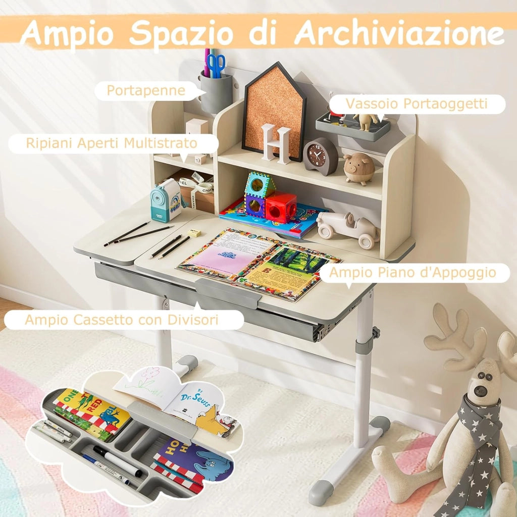 Scrivania per Bambini 3+ Anni Regolabile in Altezza 50-73 cm,Grigio | Scrivania da Studio con Piano Inclinabile 60°, Scrittoio Cameretta con Scaffale, Cassetto, Portapenne e Righello
