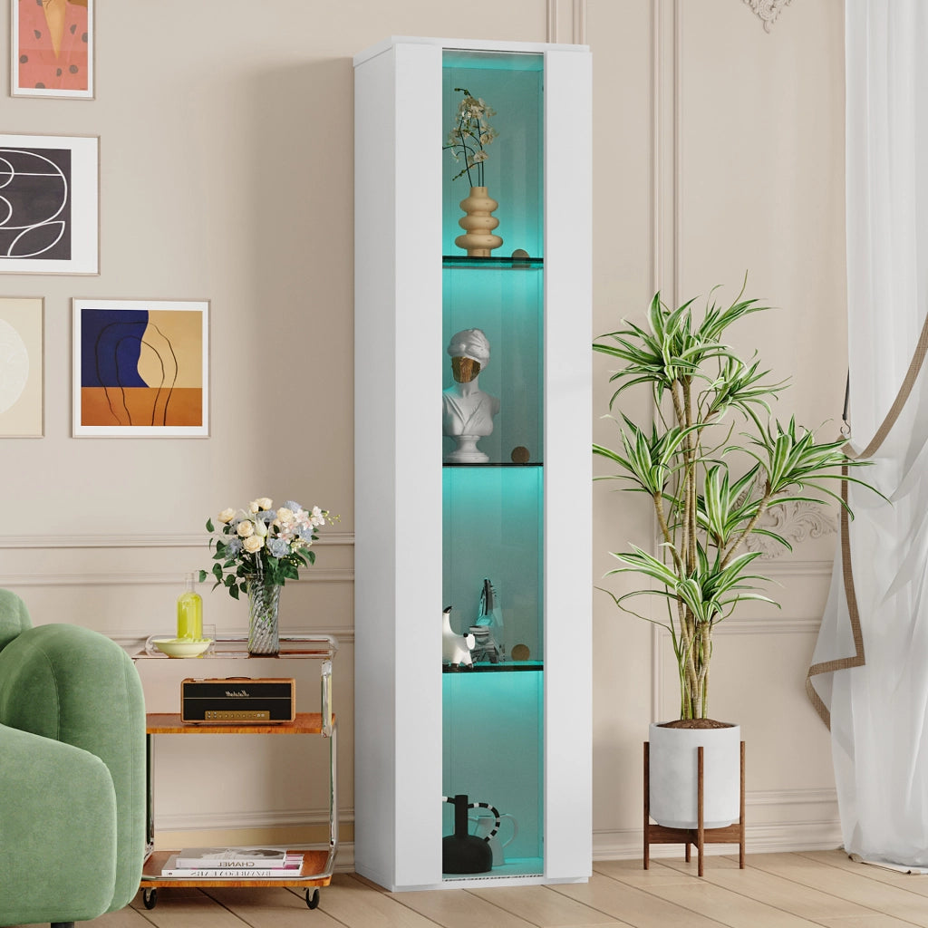 Vetrina con 2 Ante e 4 Ripiani; LED Multicolore con Telecomando e App; Stile Moderno; in Pannello Truciolare; 40??29??170 cm; Bianco