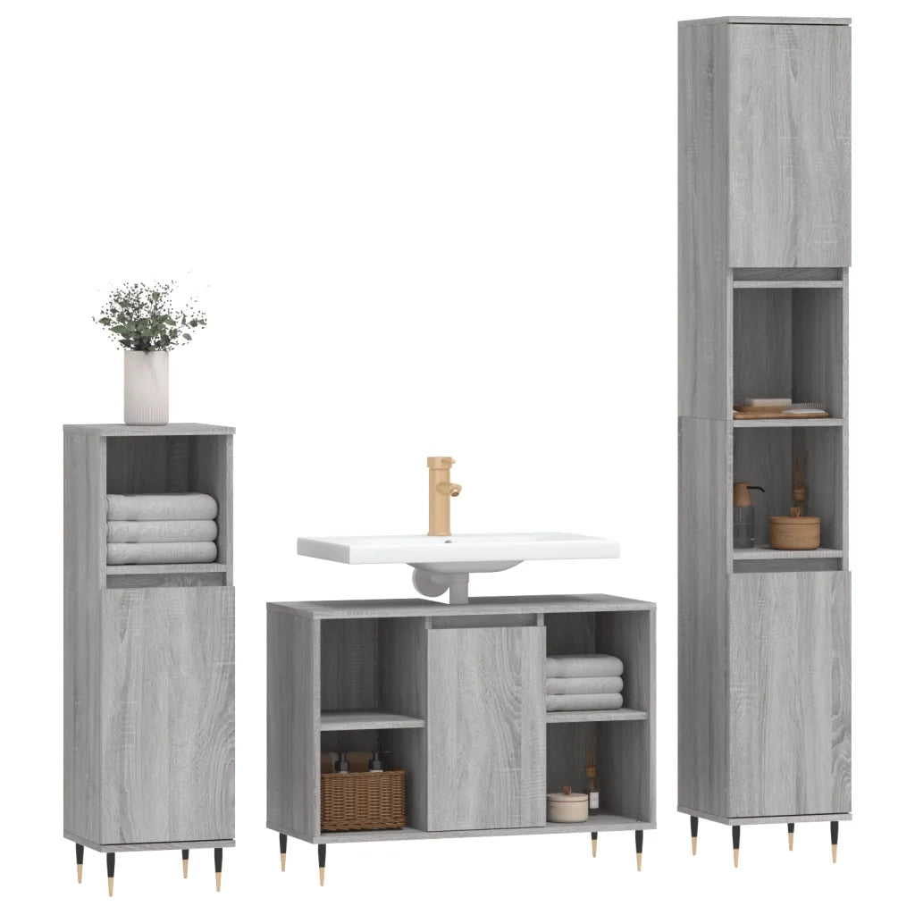 Set Mobili da Bagno | Armadio da bagno 3 pz Grigio Sonoma in Legno Multistrato