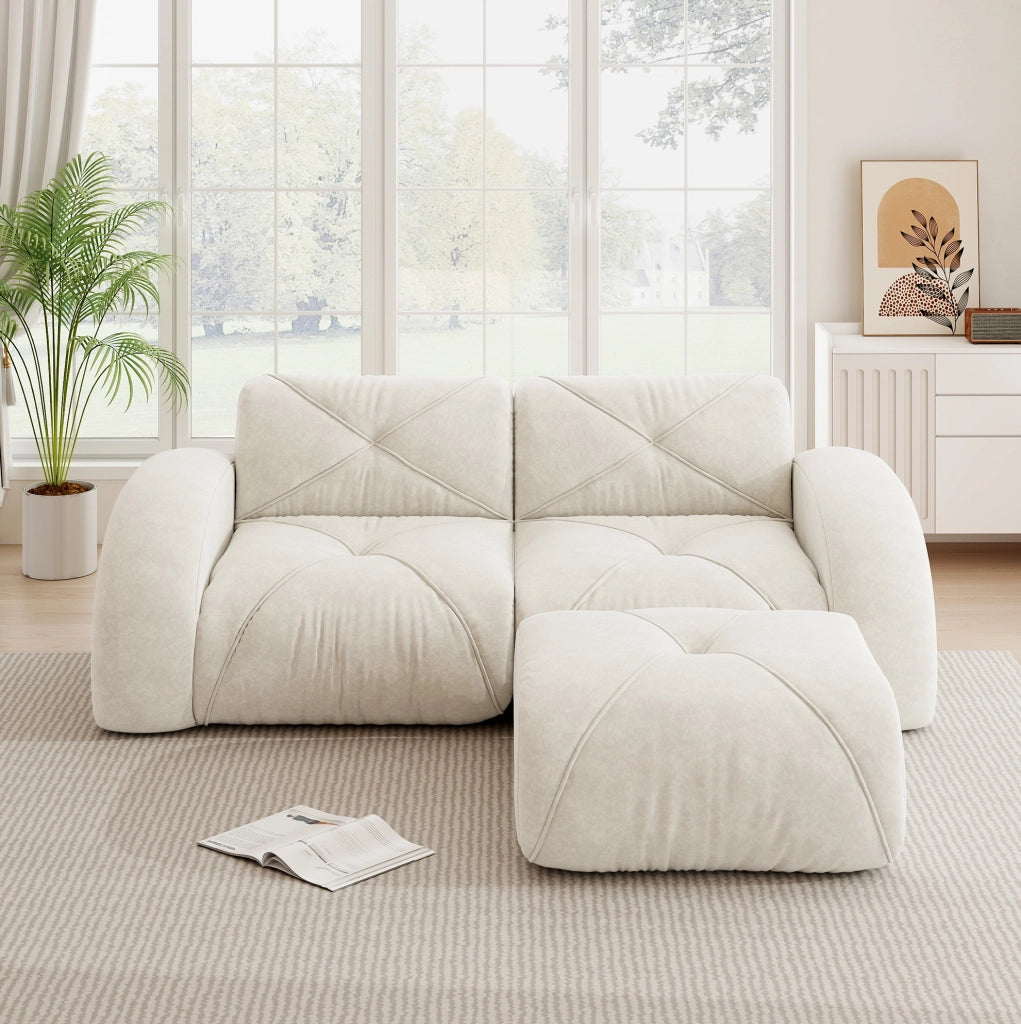 Divano modulare 204x171x76 cm in chenille beige chiaro; design basso e imbottitura in schiuma 32D