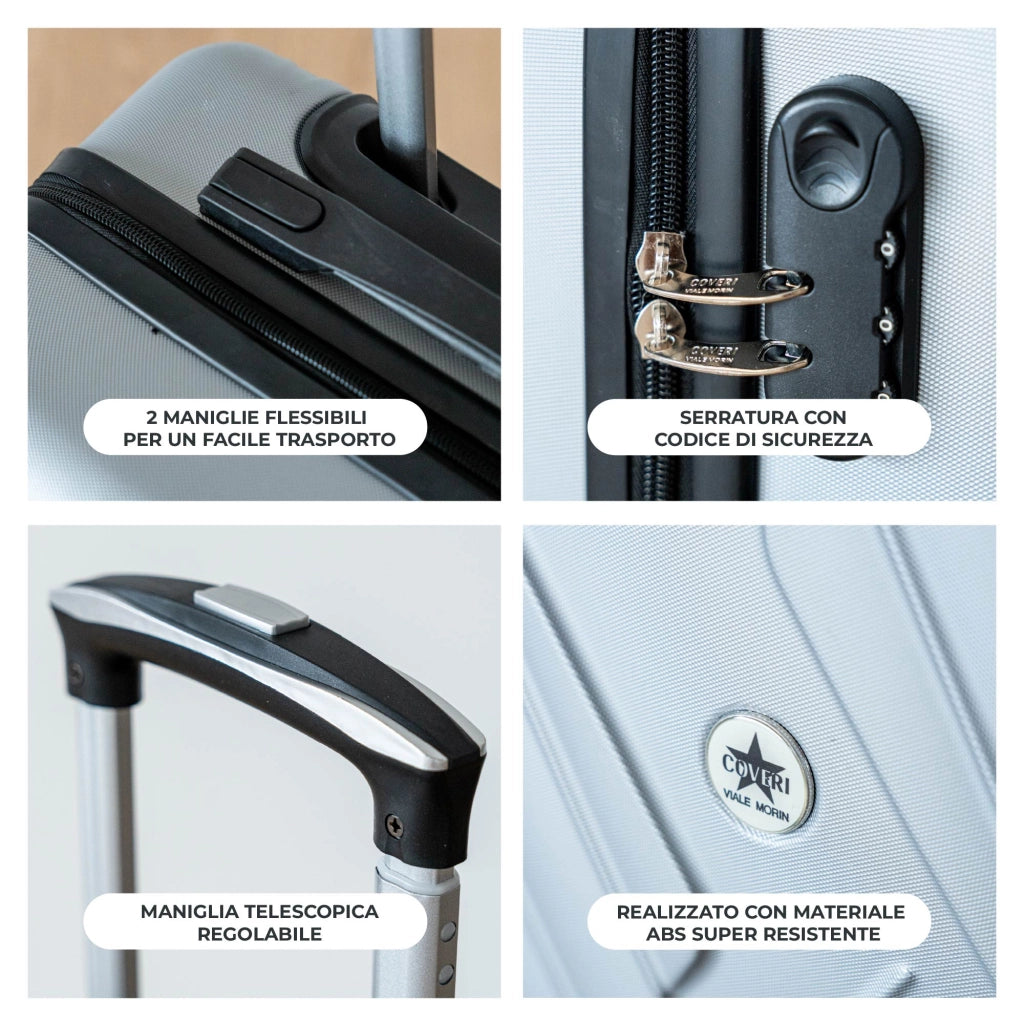 COVERI Trolley Bagaglio Mano Rigido 38x56x23 Piccolo Ultraleggero Valigia In Abs Con 4 Ruote Removibili Manico Chiusura Di Sicurezza Per Compagnie Low Cost Economy Zaino Da Viaggio Basilea-Argento