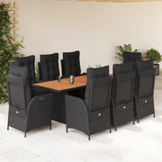 Set da Pranzo da Giardino 9 pz con Cuscini Nero in Polyrattan