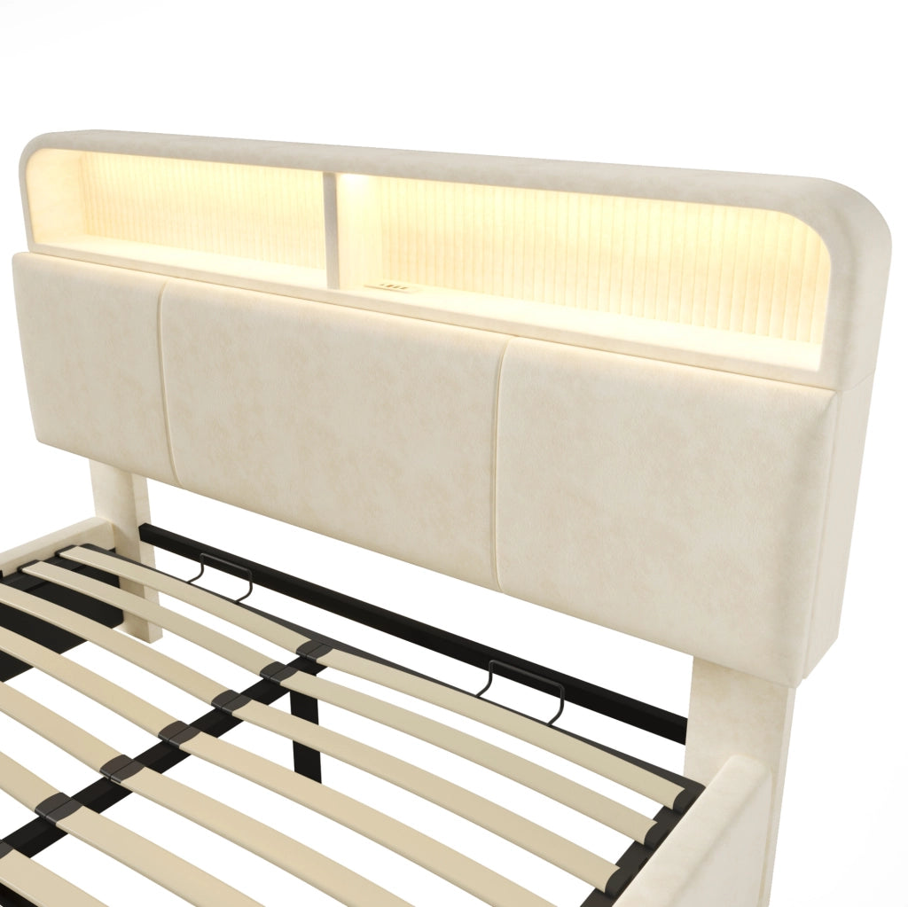 Letto matrimoniale 180x200 cm con testiera contenitore, LED e stazione di ricarica