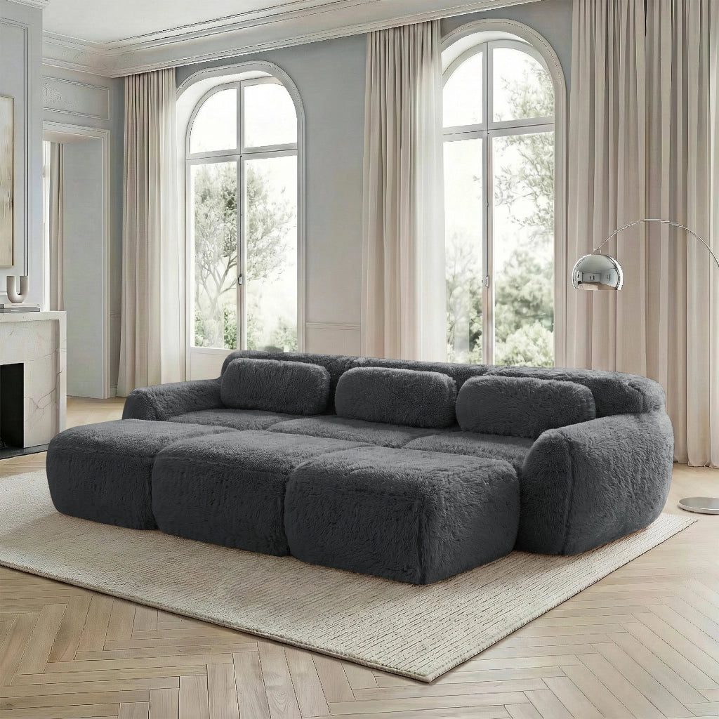 Divano Modulare 3 Posti con 3 Pouf Senza Struttura; Comfort Nuvola; Seduta Ampia in Peluche Grigio