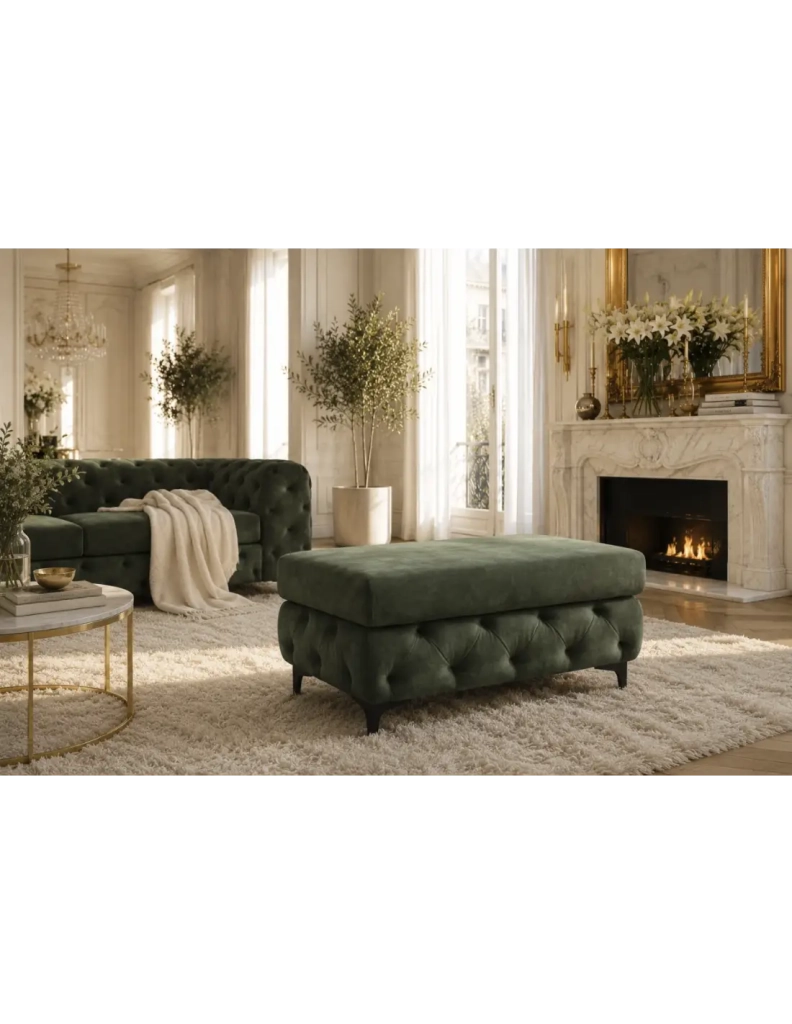 Pouf VELENA in velluto trapuntato – Verde scuro – 95 x 49 x 62 cm